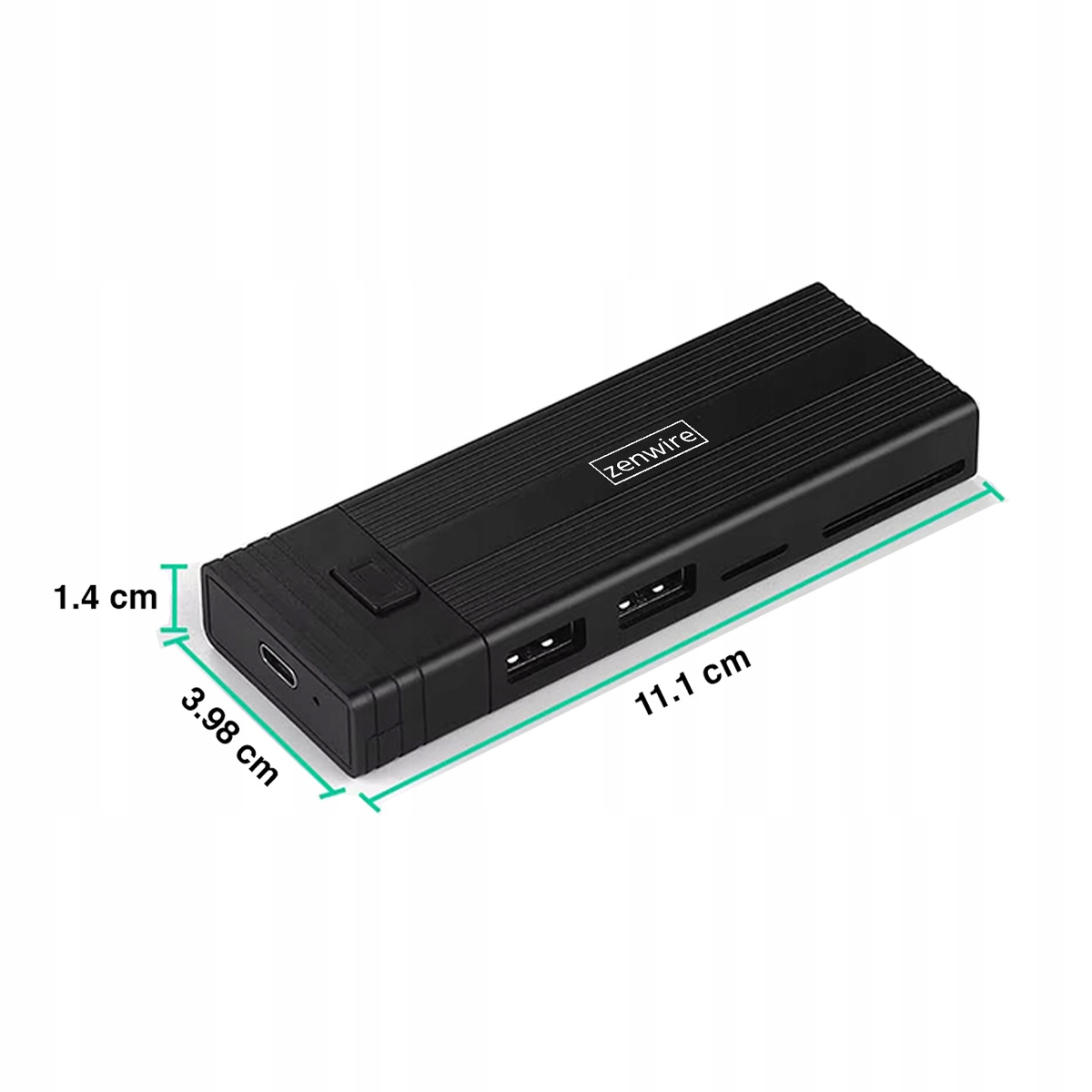 Czarny hub USB-C z portami i wymiarami 11,1x3,98x1,4 cm.