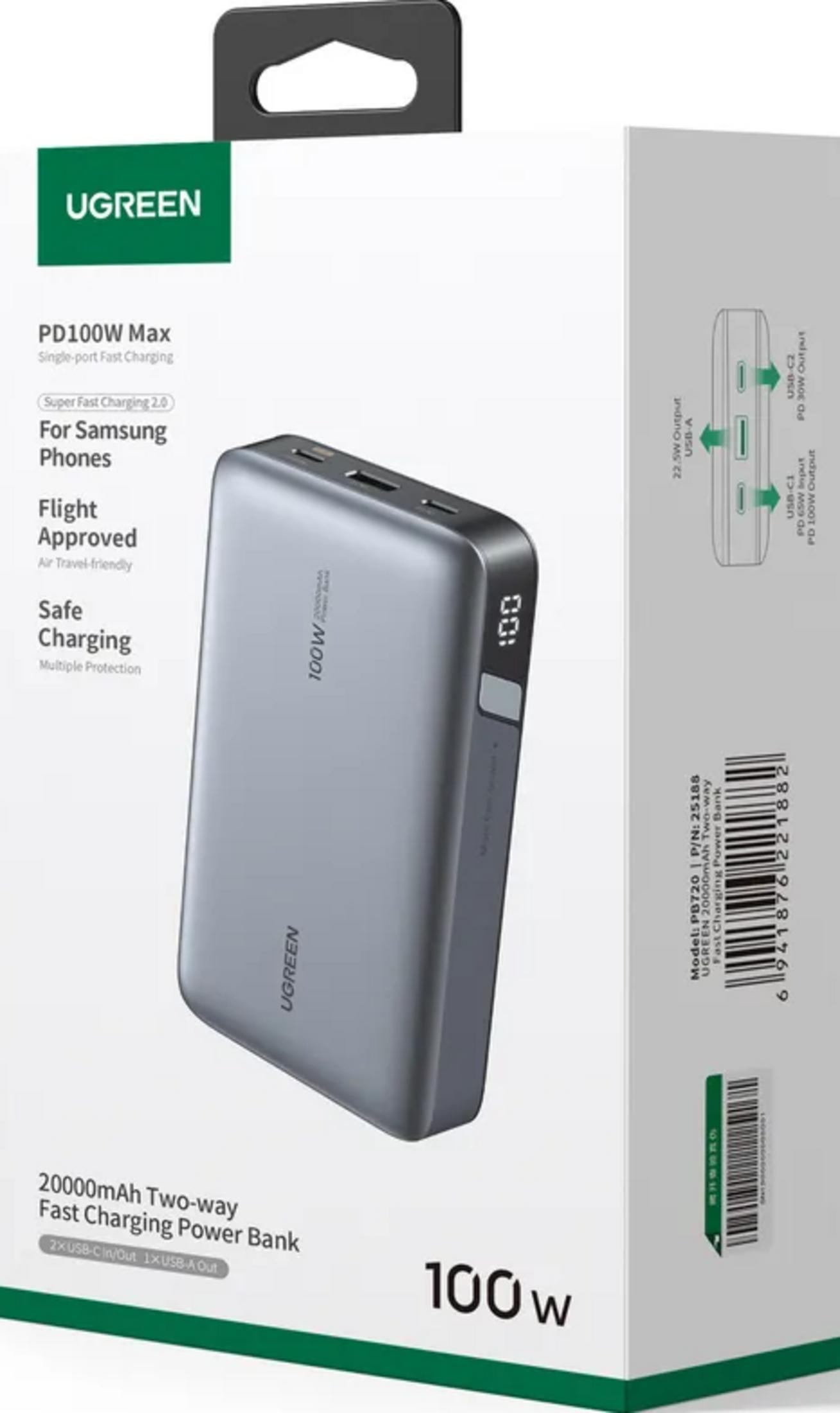 Power bank UGREEN da 20000mAh, 100W Max, ricarica rapida bidirezionale, PD 100W.