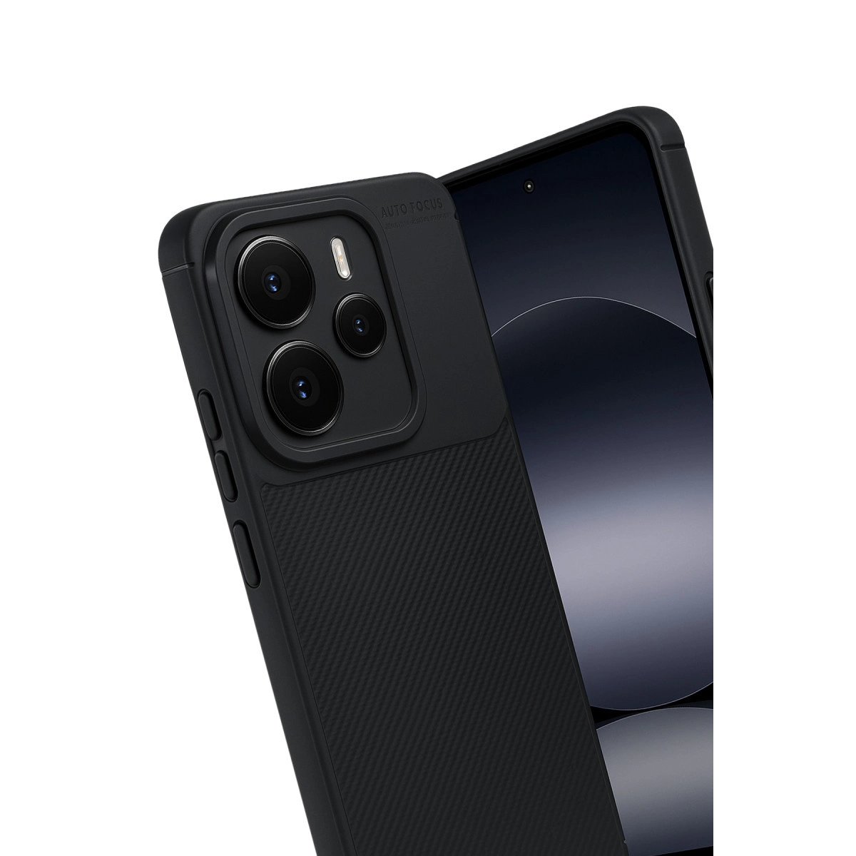 Üç kamera lensli ve oluklu dokulu siyah telefon kılıfı.