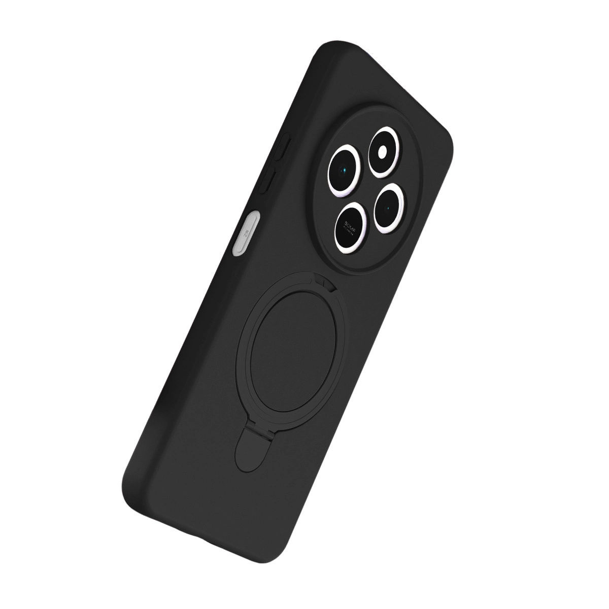 Arkada dört kamera ve halka tutucu bulunan siyah telefon kılıfı.