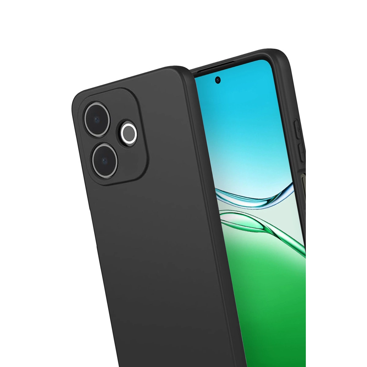 Arkada üçlü kamera kurulumuna sahip siyah akıllı telefon ve mavi ekran.
