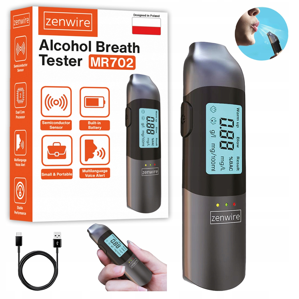 Alkomat Zenwire MR702 z akcesoriami, pokazujący cyfrowy wyświetlacz i ustnik.