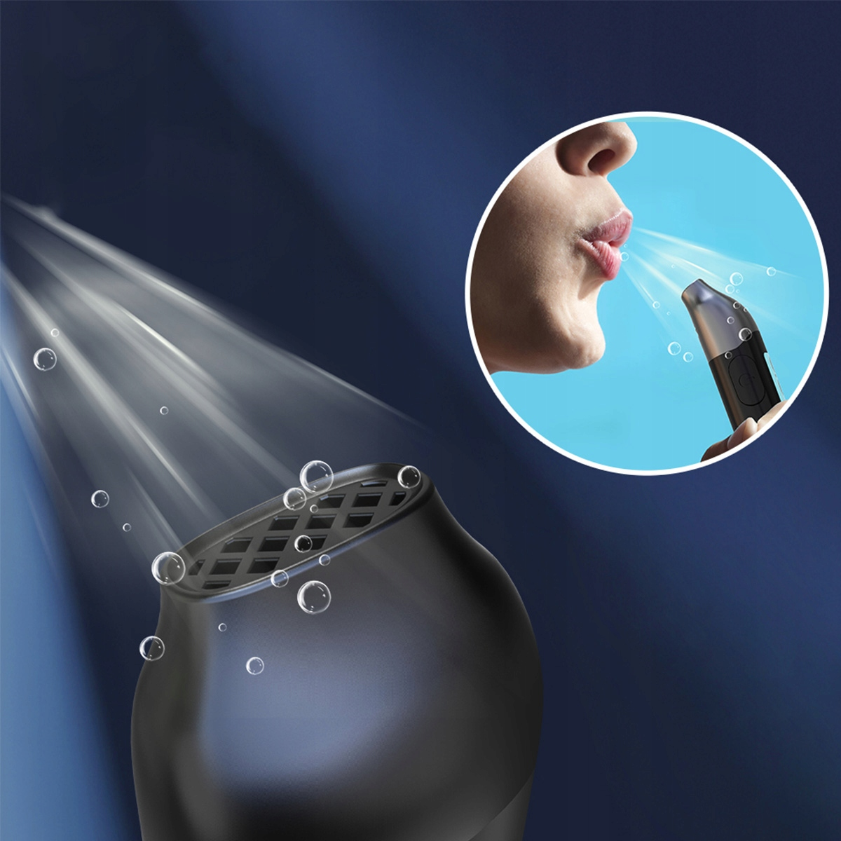 Czarna końcówka suszarki do włosów z przepływem powietrza i bąbelkami. Zbliżenie osoby dmuchającej w urządzenie.