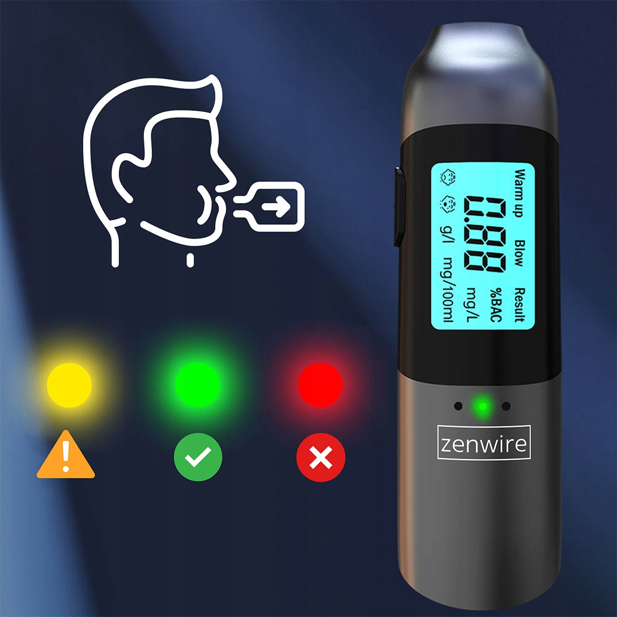 Alkomat pokazuje 0.88. Grafika przedstawia mężczyznę dmuchającego w niego.