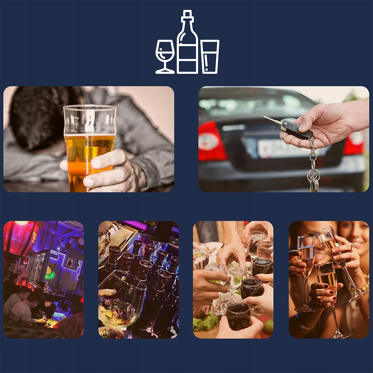 Butelki, szklanki, samochód i ludzie pijący i prowadzący.