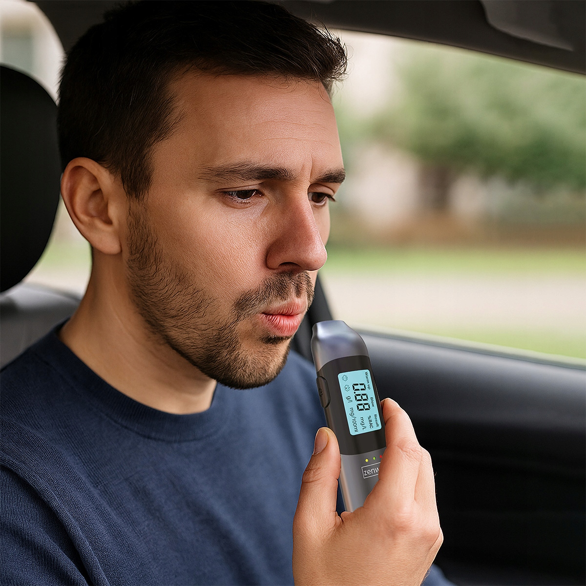Mężczyzna dmucha w alkomat w samochodzie, pokazując 0.88.
