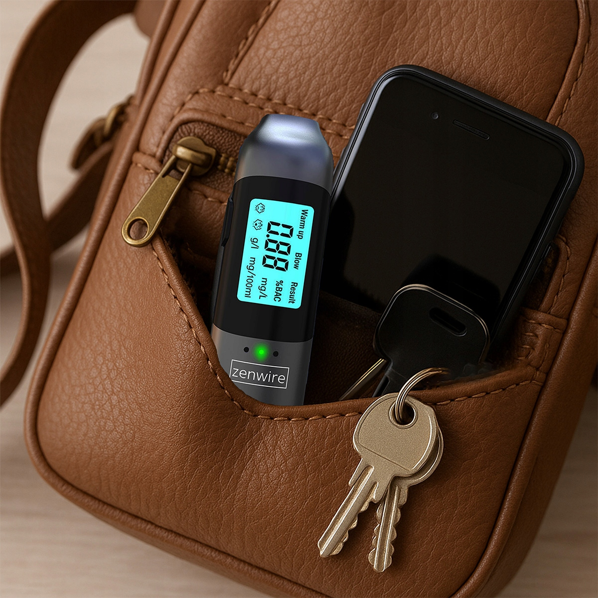 Alkomat, smartfon i klucze w brązowej skórzanej saszetce.