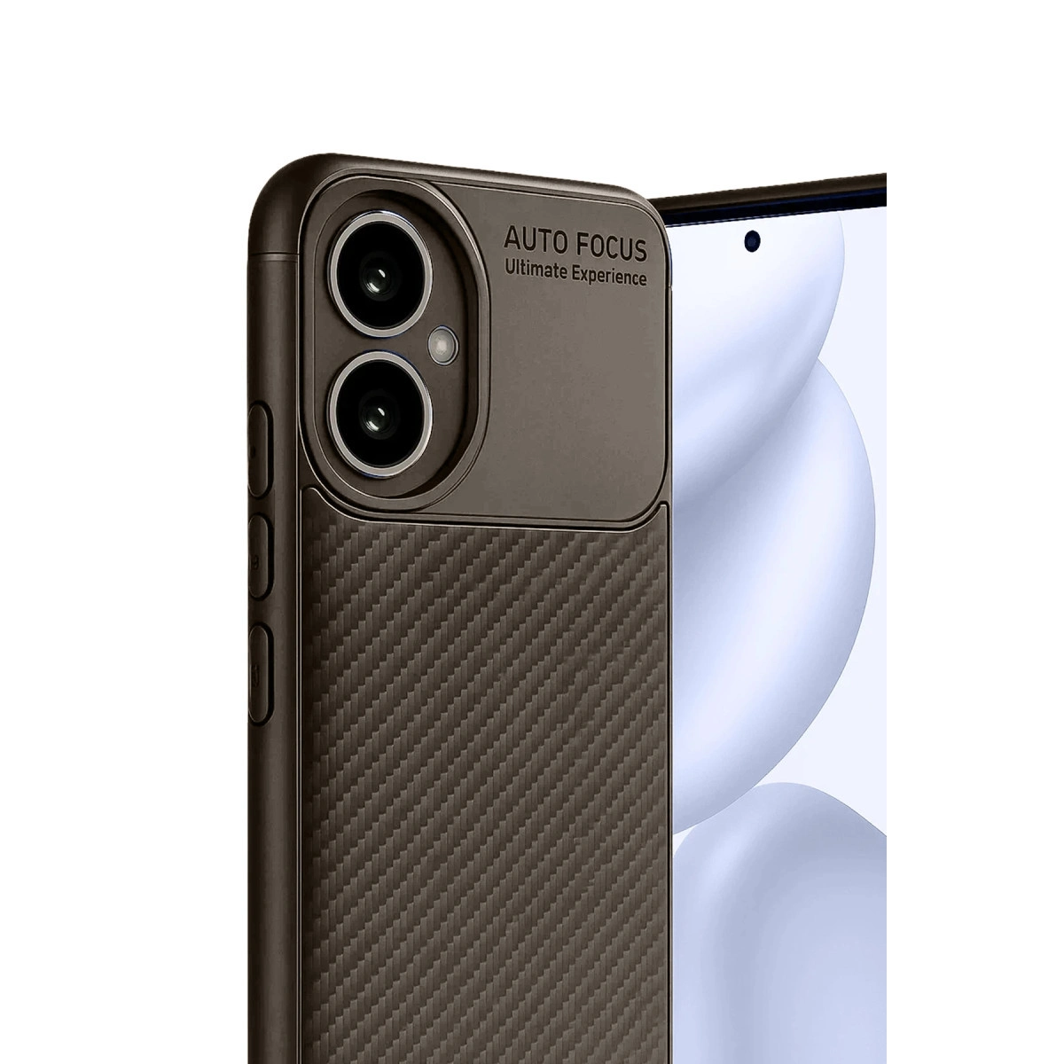 Karbon fiber desenli ve çift kameralı koyu kahverengi telefon kılıfı.