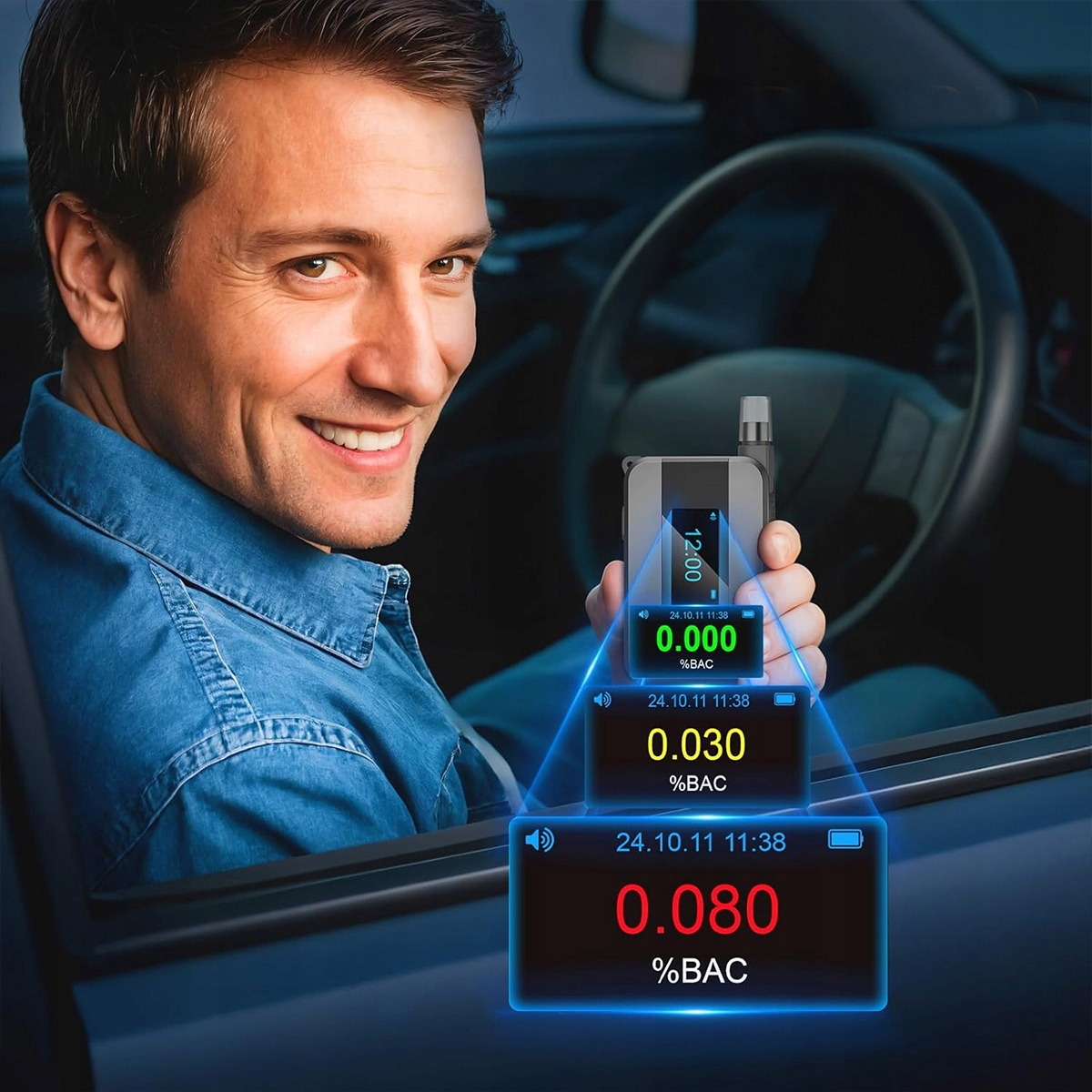 Mężczyzna w samochodzie trzyma alkomat pokazujący rosnące poziomy BAC od 0.000 do 0.080.