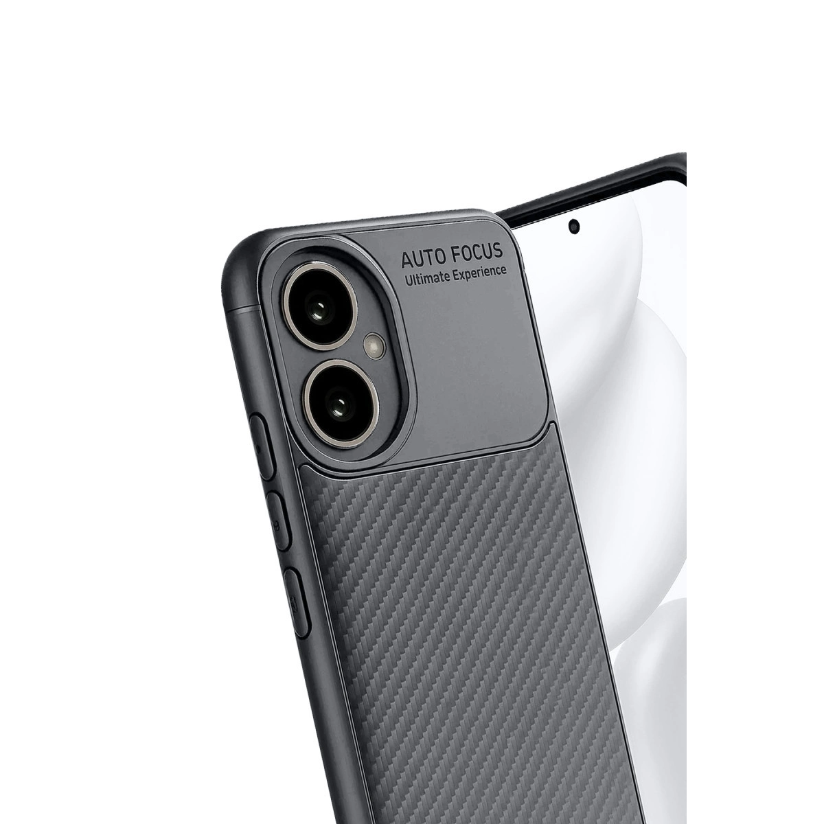 Karbon desenli ve çift kameralı koyu gri telefon kılıfı.