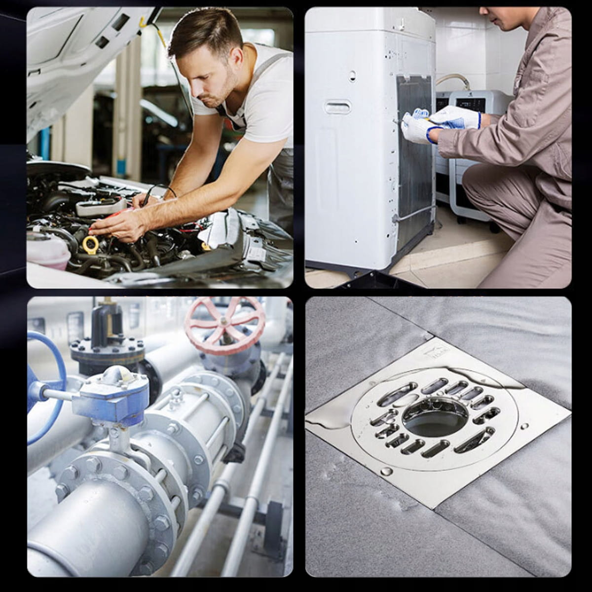 Mechanik sprawdza silnik samochodu. Osoba naprawia urządzenie. Rury i zawory przemysłowe. Odpływ podłogowy z wodą.