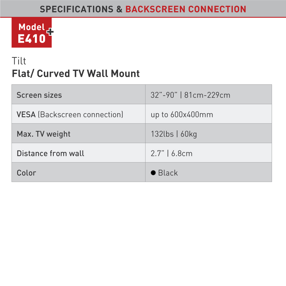 Spécifications support mural TV : Tailles 32-90", VESA, poids max, distance, couleur Noir.