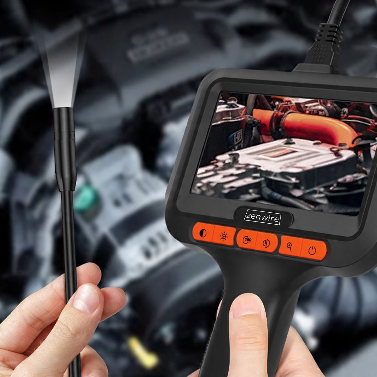 Endoskop bada silnik. Ekran pokazuje widok wnętrza.