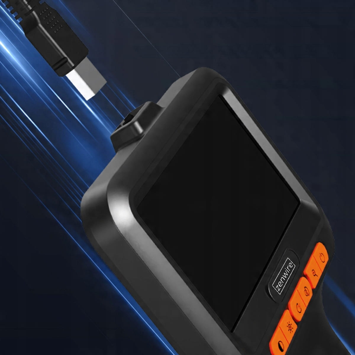 Czarno-szare urządzenie inspekcyjne z ekranem i złączem USB.