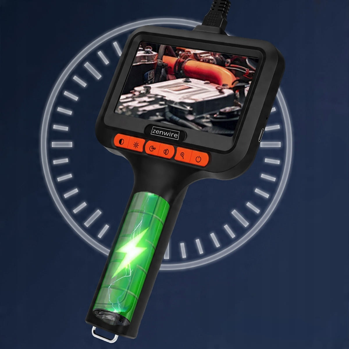 Endoskop z ekranem pokazującym silnik i świecącą baterię.