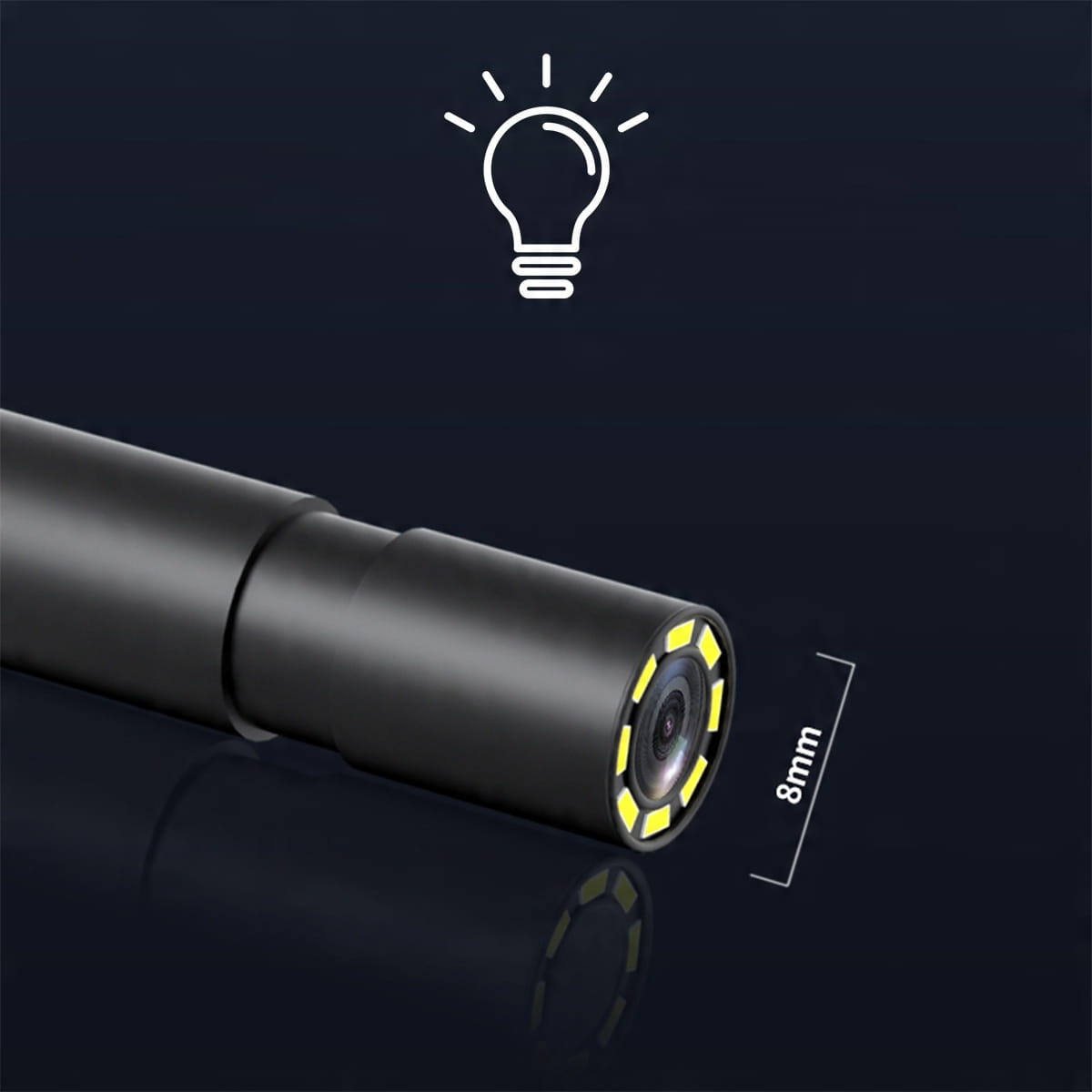 Endoskop 8 mm z oświetleniem i ikoną żarówki.