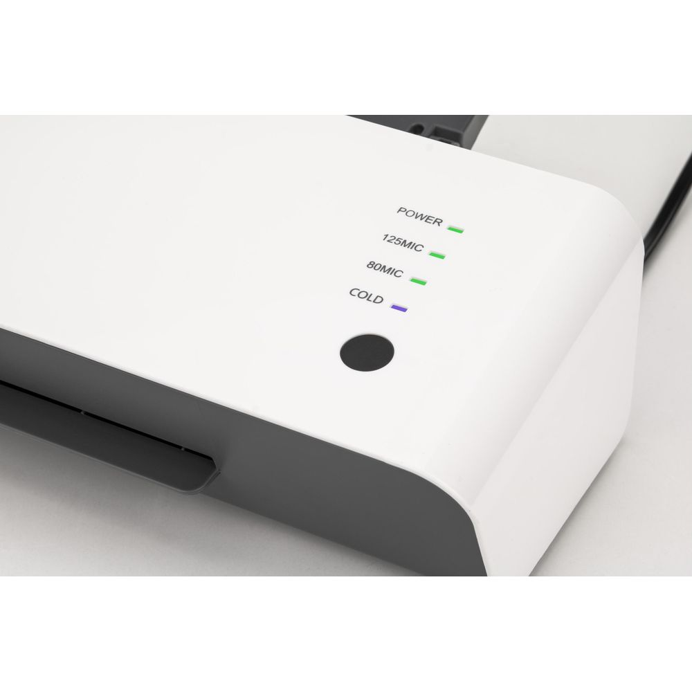 Ein weißer Laminator mit grünen und blauen LED-Anzeigen für Strom und Kalt.