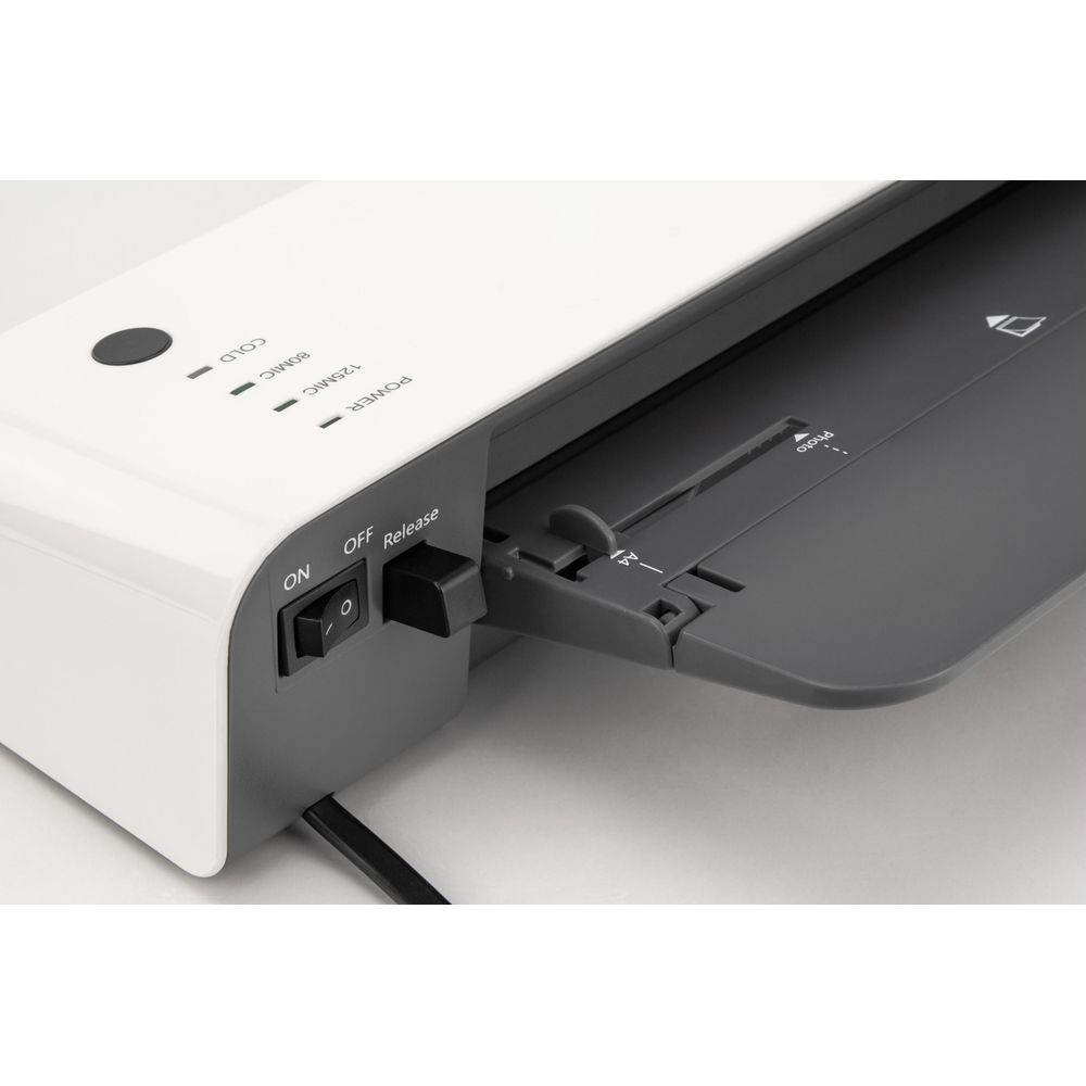 Ein weißer Laminator mit Ein-/Ausschalter, LED-Anzeigen und Ausgabefach.