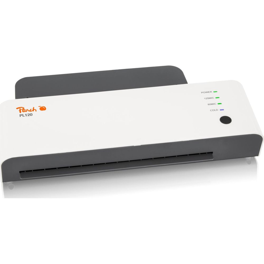 Ein weißer Laminator mit grauen Akzenten und Anzeigen für Power, 125MIC, 80MIC und Cold.