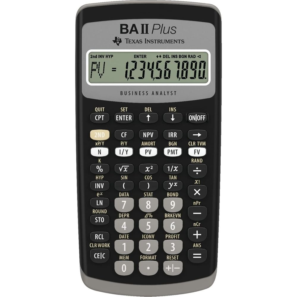 Une calculatrice financière Texas Instruments BA II Plus avec écran.
