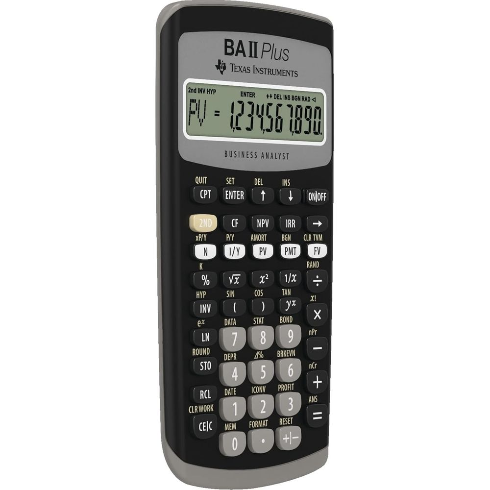 Calculatrice financière Texas Instruments BA II Plus affichant "PV = 1234567890".