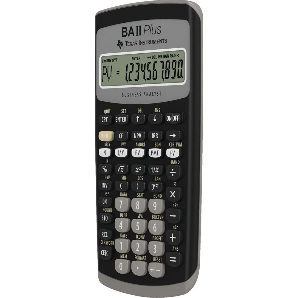 Une calculatrice financière Texas Instruments BA II Plus affichant PV = 1234567890.