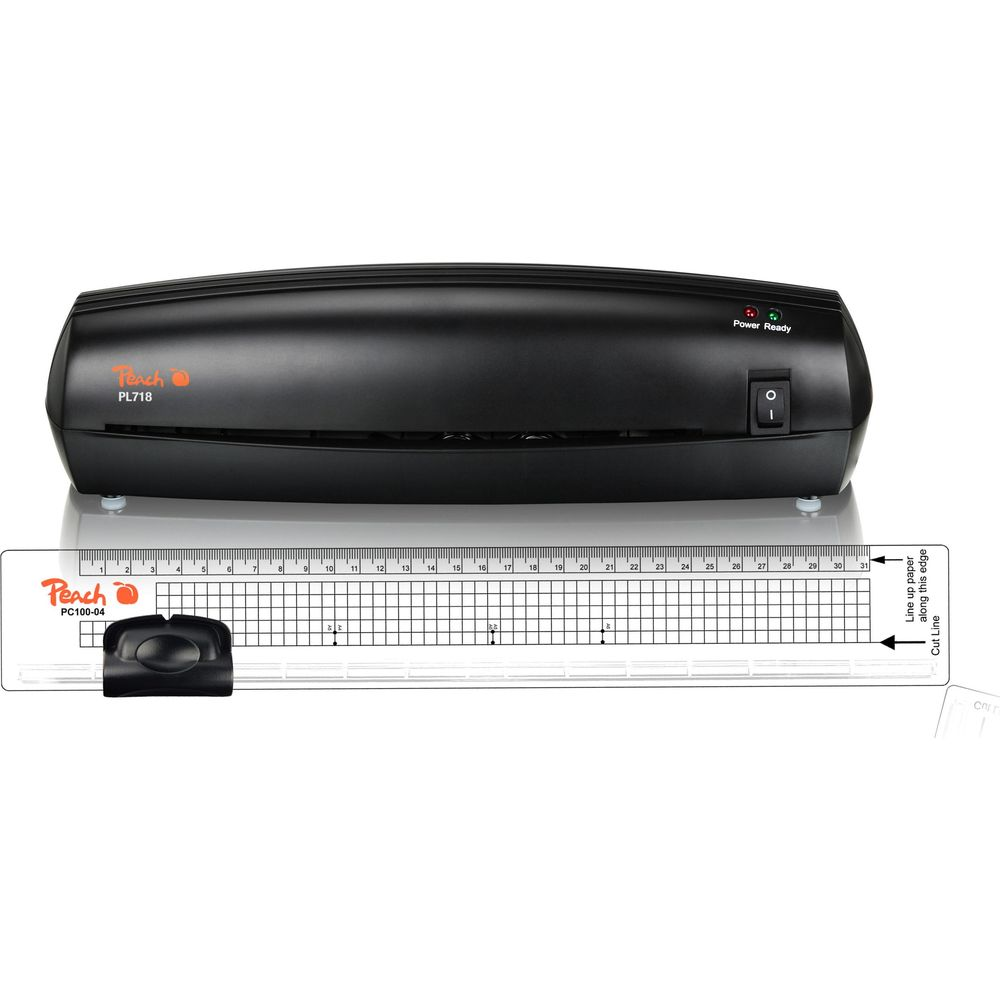 Ein schwarzer Peach PL718 Laminator über einem Lineal mit Raster.