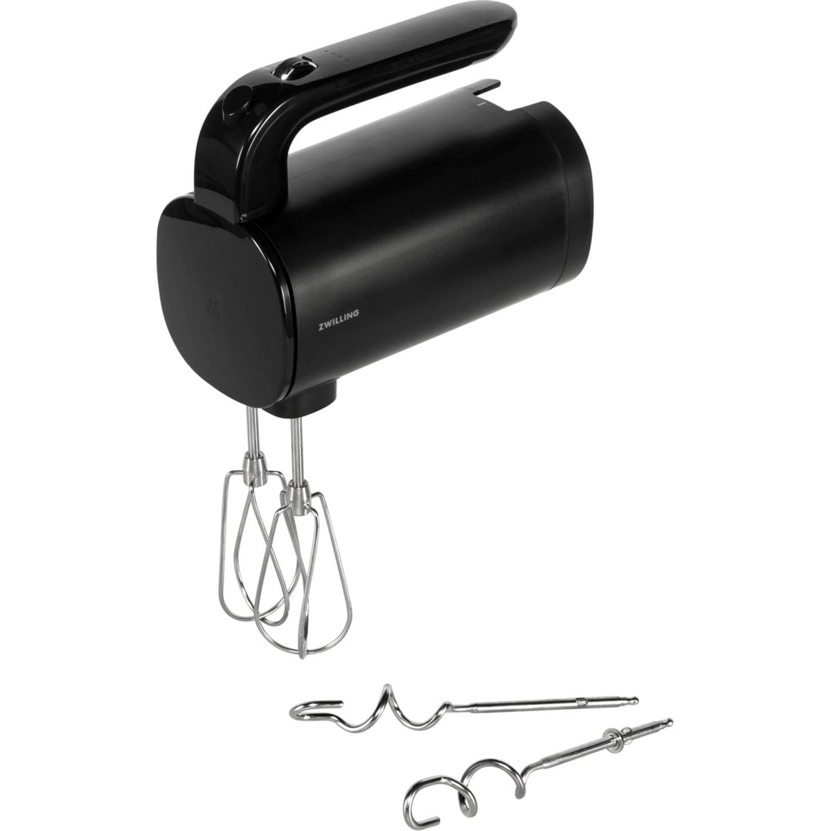 Schwarzer Handmixer mit Griff und zwei Rührbesen, darunter zwei Quirlaufsätze.