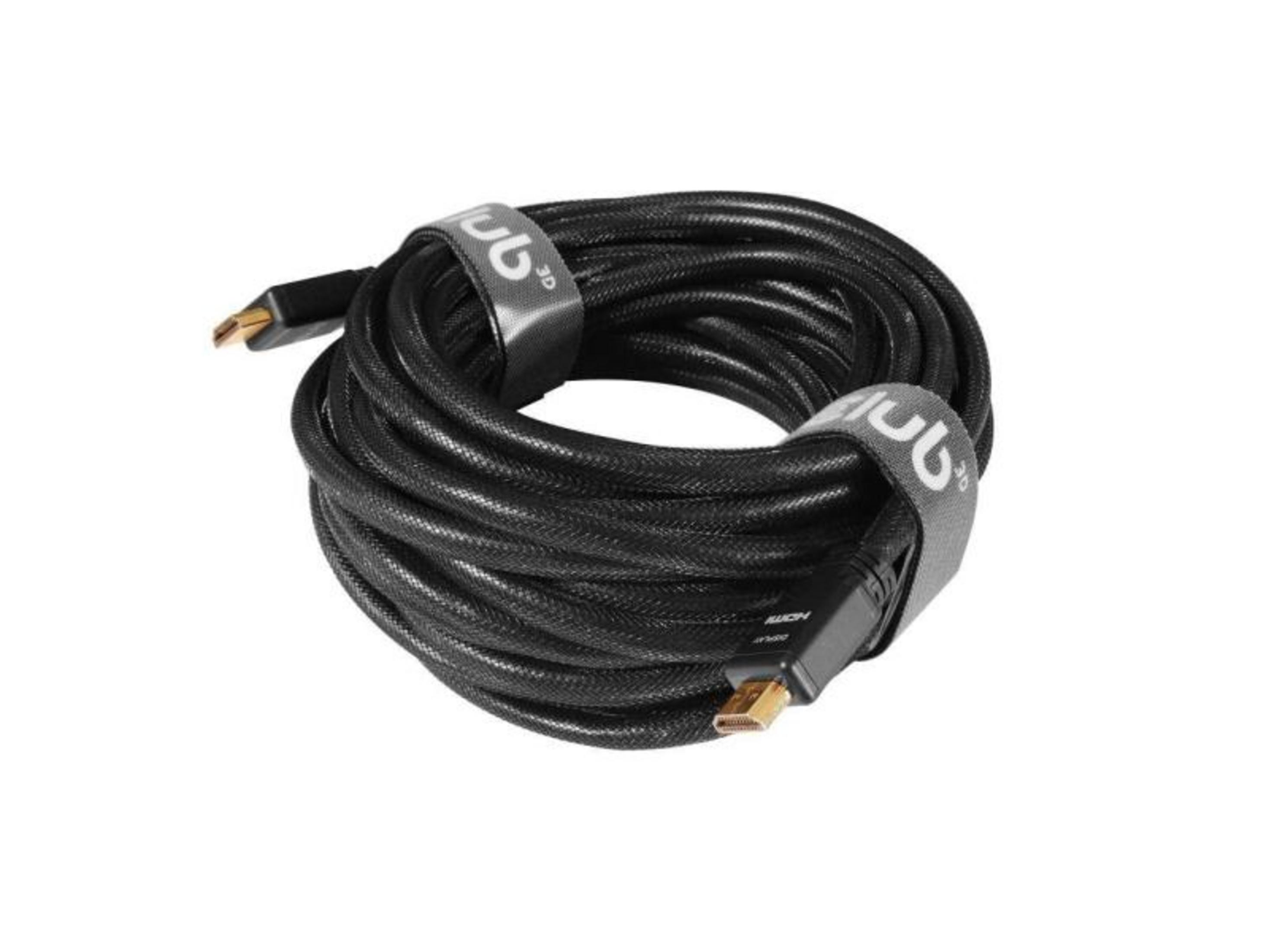 Schwarzes HDMI-Kabel mit vergoldeten Steckern und Stoffummantelung.