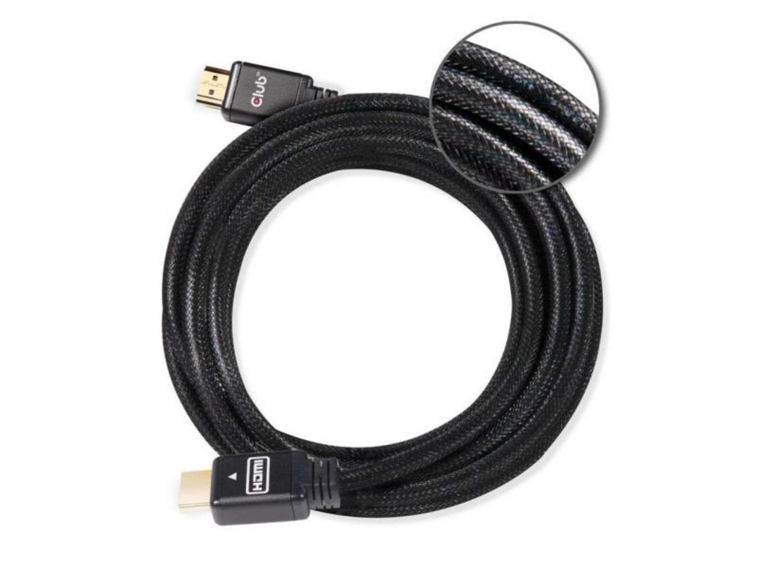 Ein schwarzes HDMI-Kabel mit geflochtenem Mantel, aufgewickelt. Nahaufnahme des Geflechts.