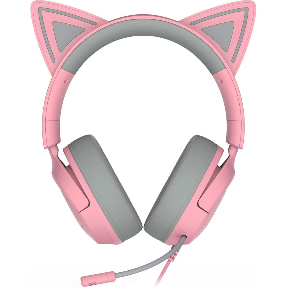 Cuffie rosa con orecchie da gatto e padiglioni grigi su sfondo bianco.