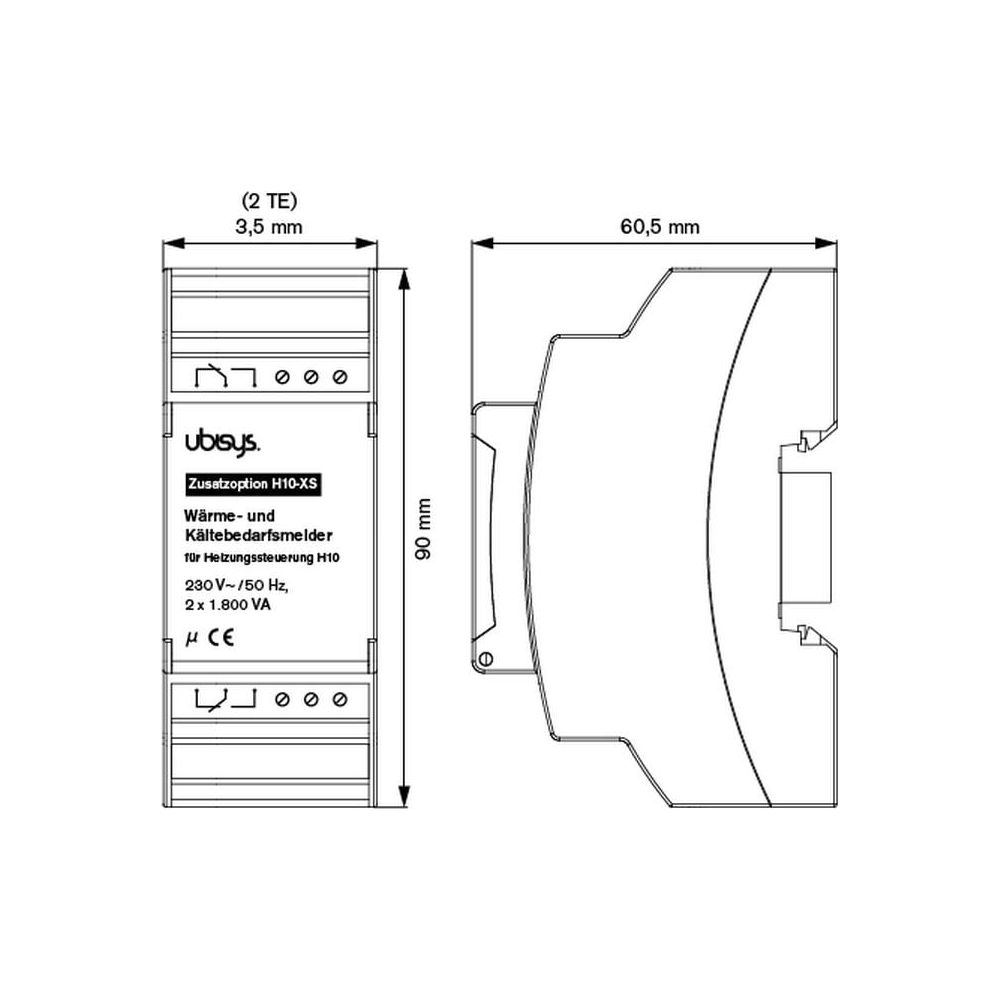 Dessin technique d'un appareil Ubisys Zusatzoption H10-XS avec dimensions.