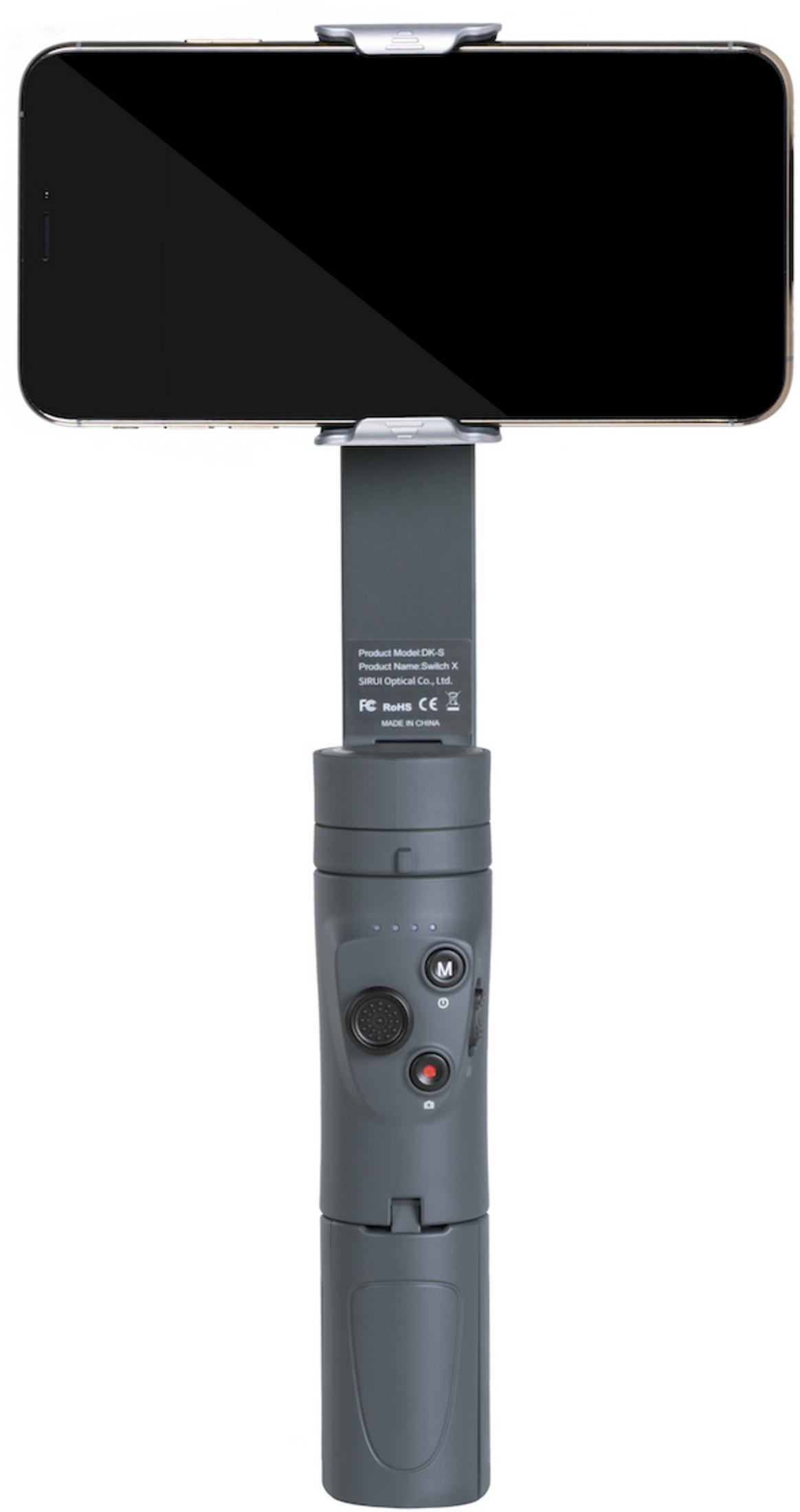 Un cardan sombre pour smartphone avec écran sombre en haut et boutons de commande.