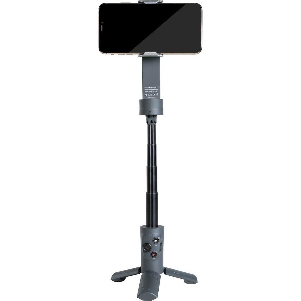Trépied gris pour téléphone avec perche extensible et support smartphone.