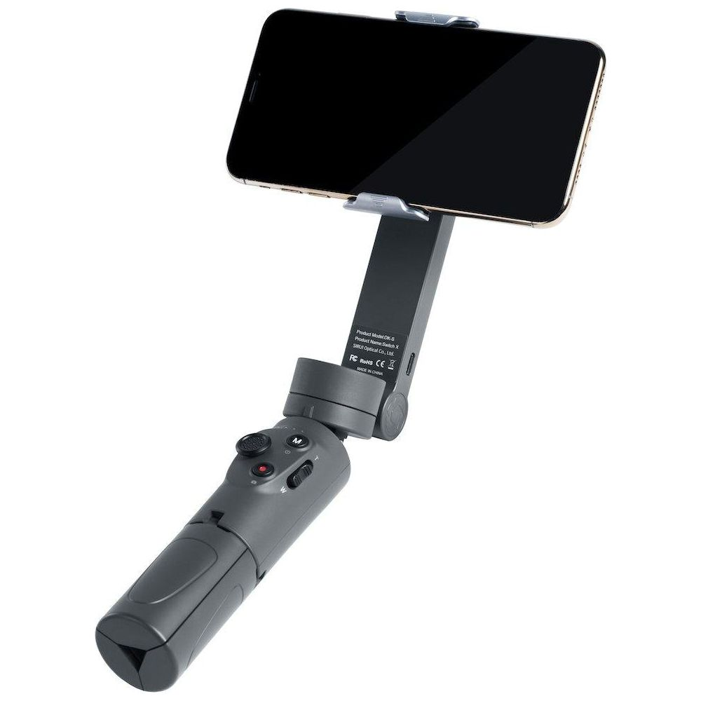 Un stabilisateur cardan gris foncé tenant un smartphone est montré sur fond blanc.