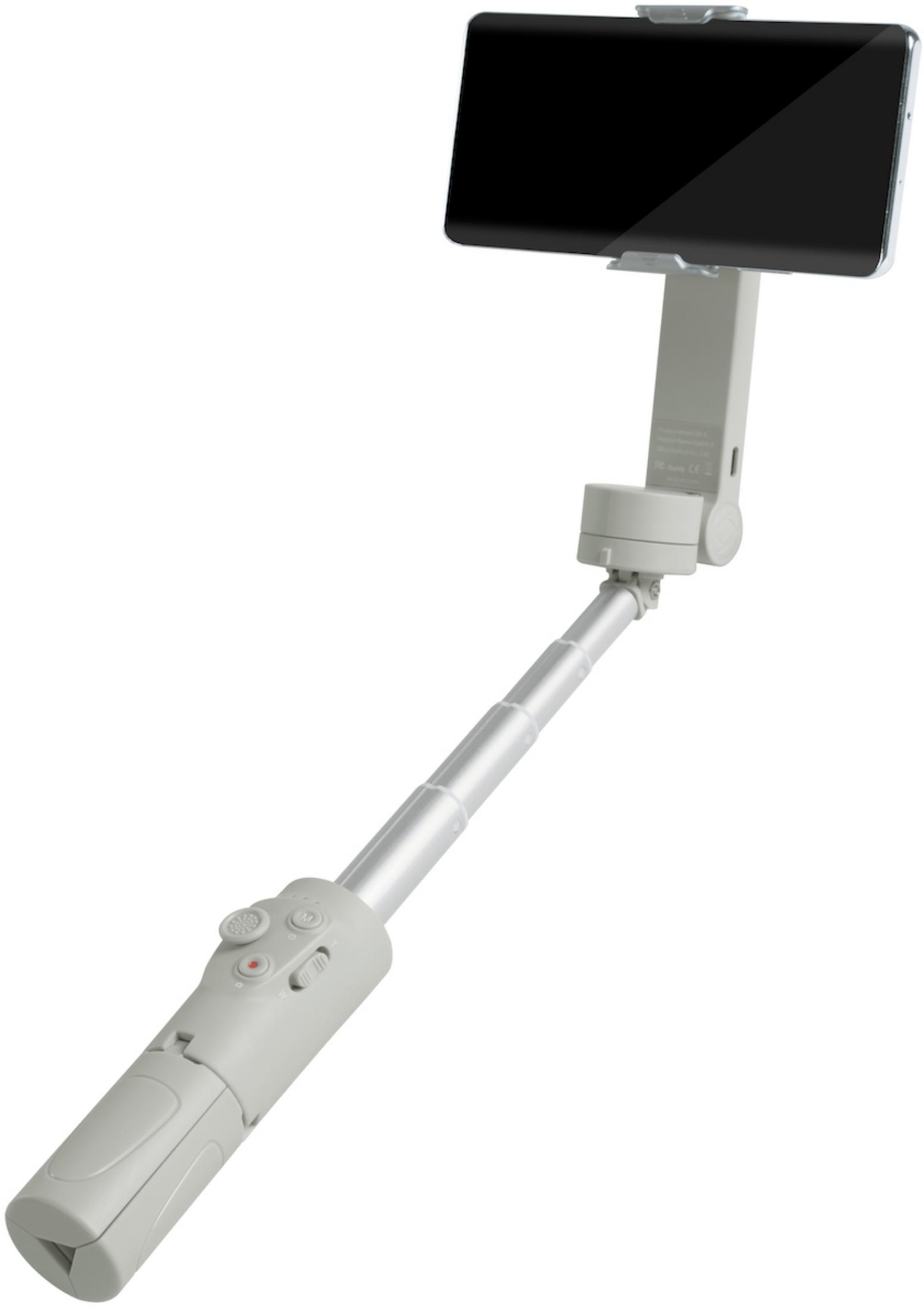 Un stabilisateur cardan gris avec support de téléphone, étendu.