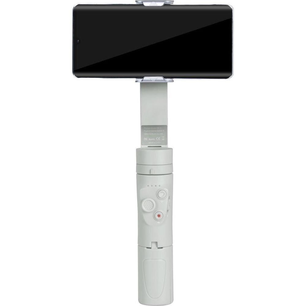 Un stabilisateur de smartphone blanc avec un téléphone monté horizontalement.