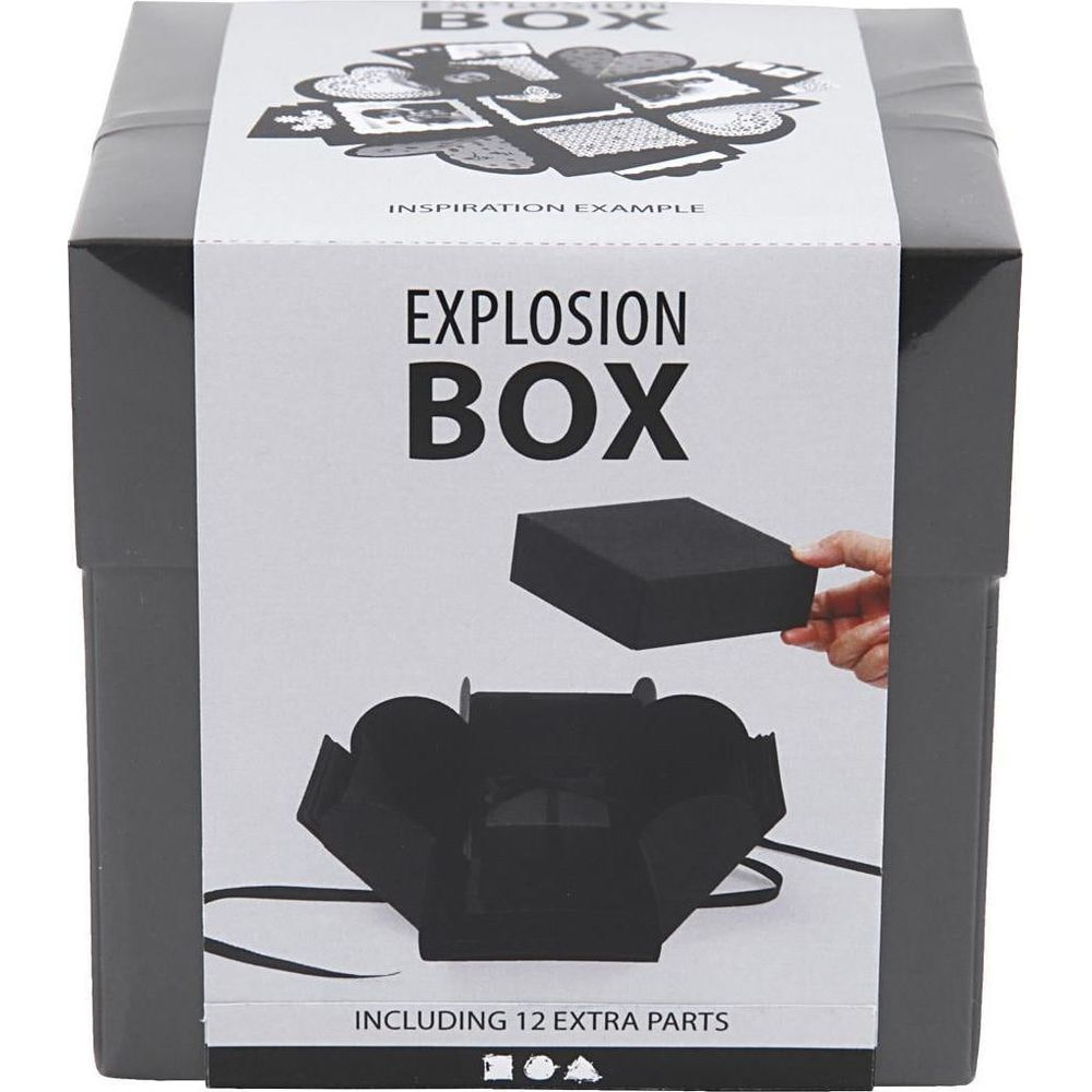 Eine schwarze Explosionsbox mit Inspirationen und Zubehörteilen.