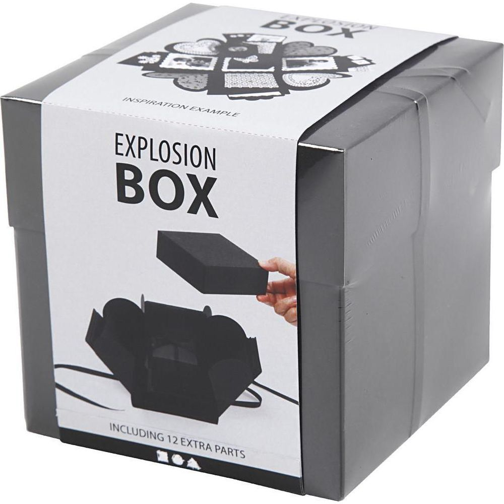 Ein grauer Karton mit der Aufschrift "EXPLOSION BOX" und einem Bild.