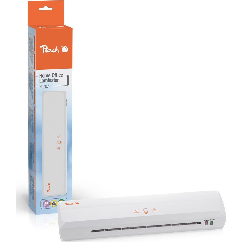 Ein weißer Peach PL707 Laminator und seine orange-weiße Verpackung.