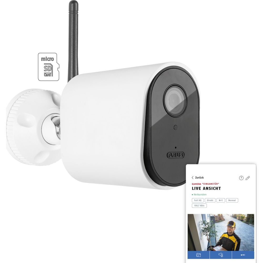 Weiße Überwachungskamera mit Antenne und MicroSD-Karte. Monitor zeigt Live-Ansicht.