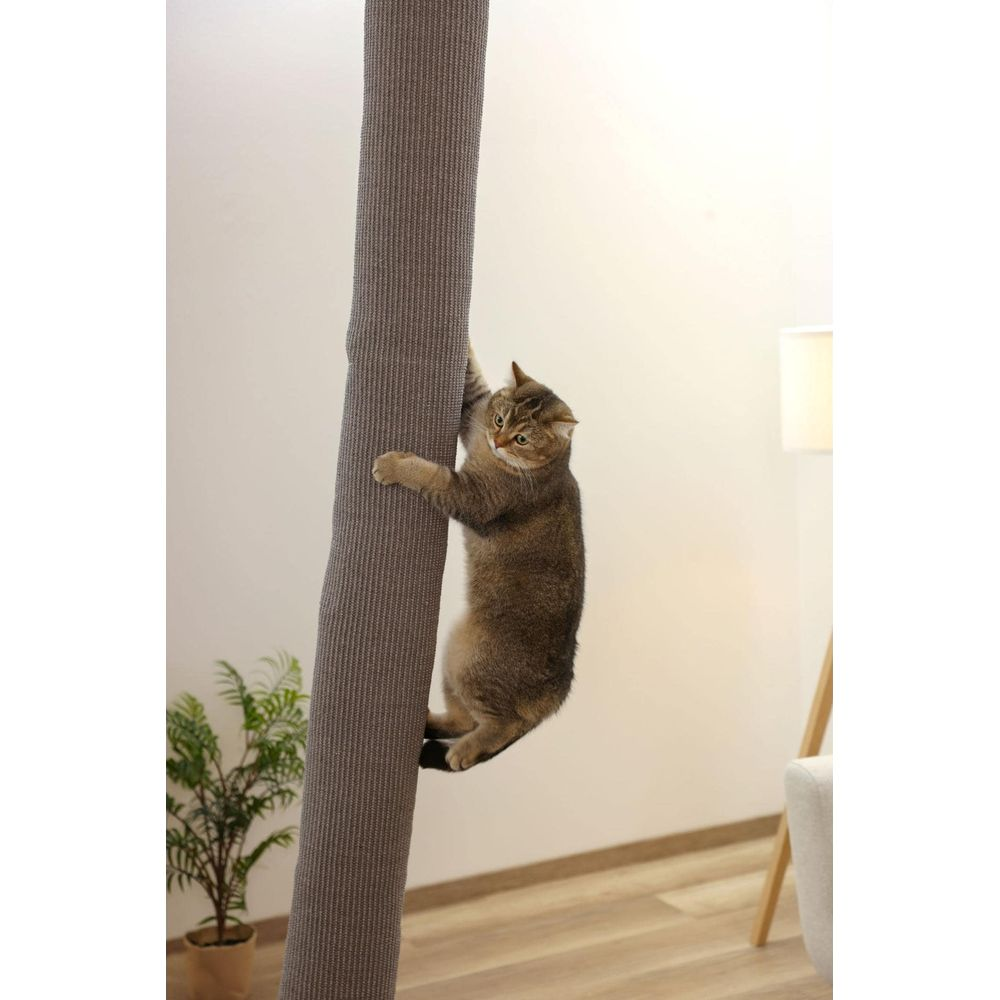 Eine getigerte Katze klettert an einem grauen Kratzbaum empor, mit einer Pflanze und einem Lampenfuß im Hintergrund.