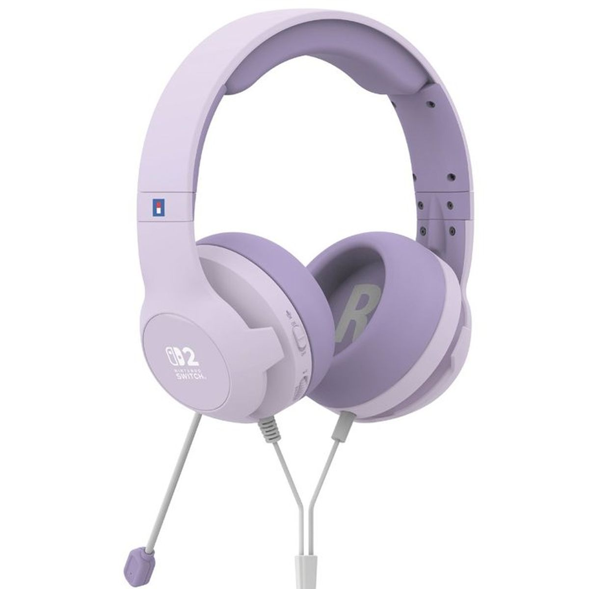 Cuffie viola con microfono e logo Nintendo Switch.