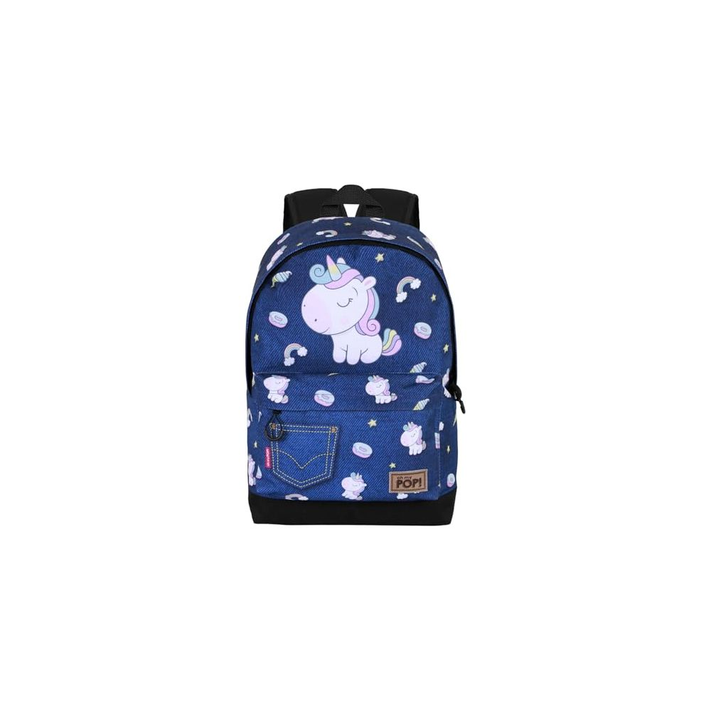 Blauer Rucksack mit Einhorn- und Sternenmuster, mit einer Vordertasche.