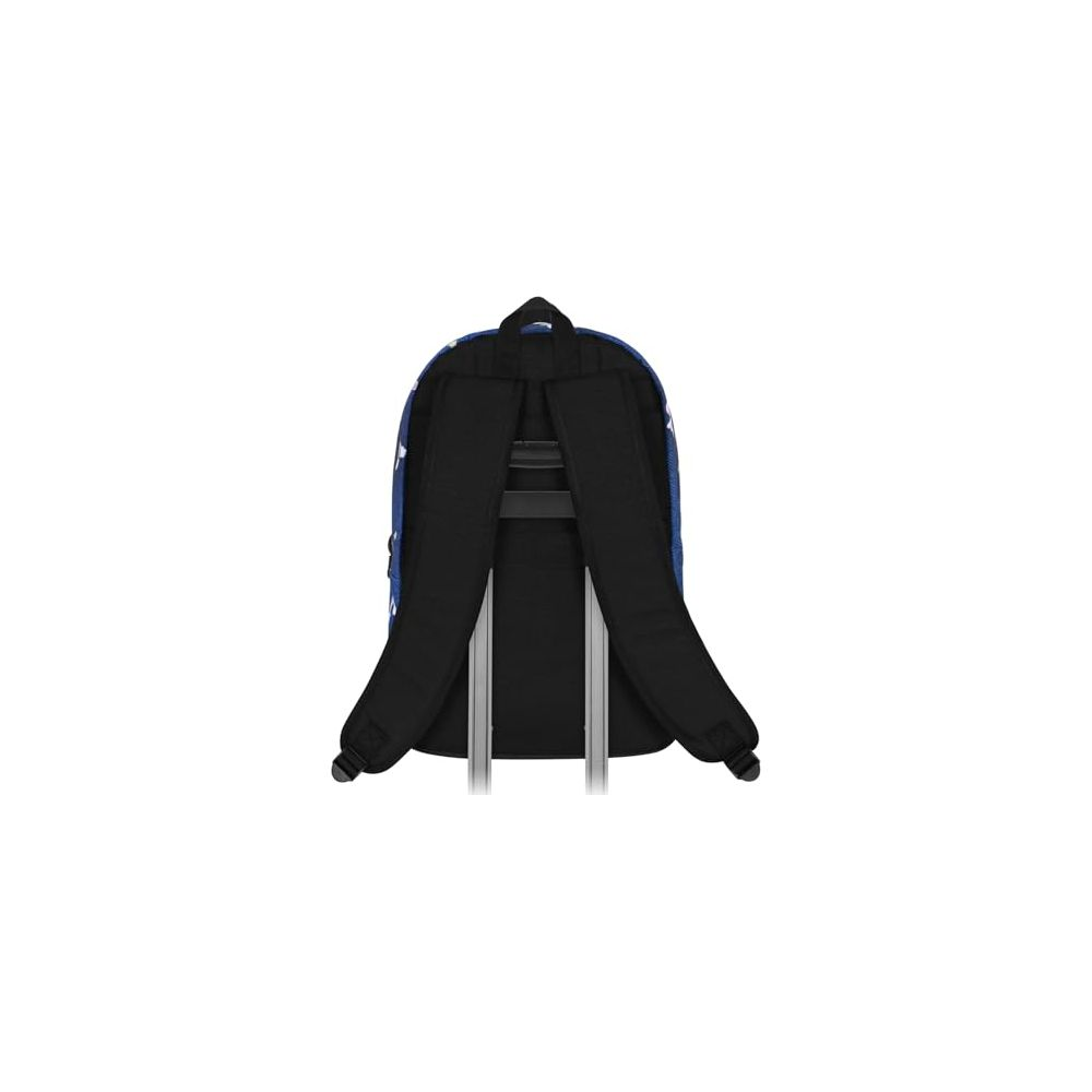 Blauer Rucksack mit weißen Sternen, mit silbernem Rollkoffergriff.