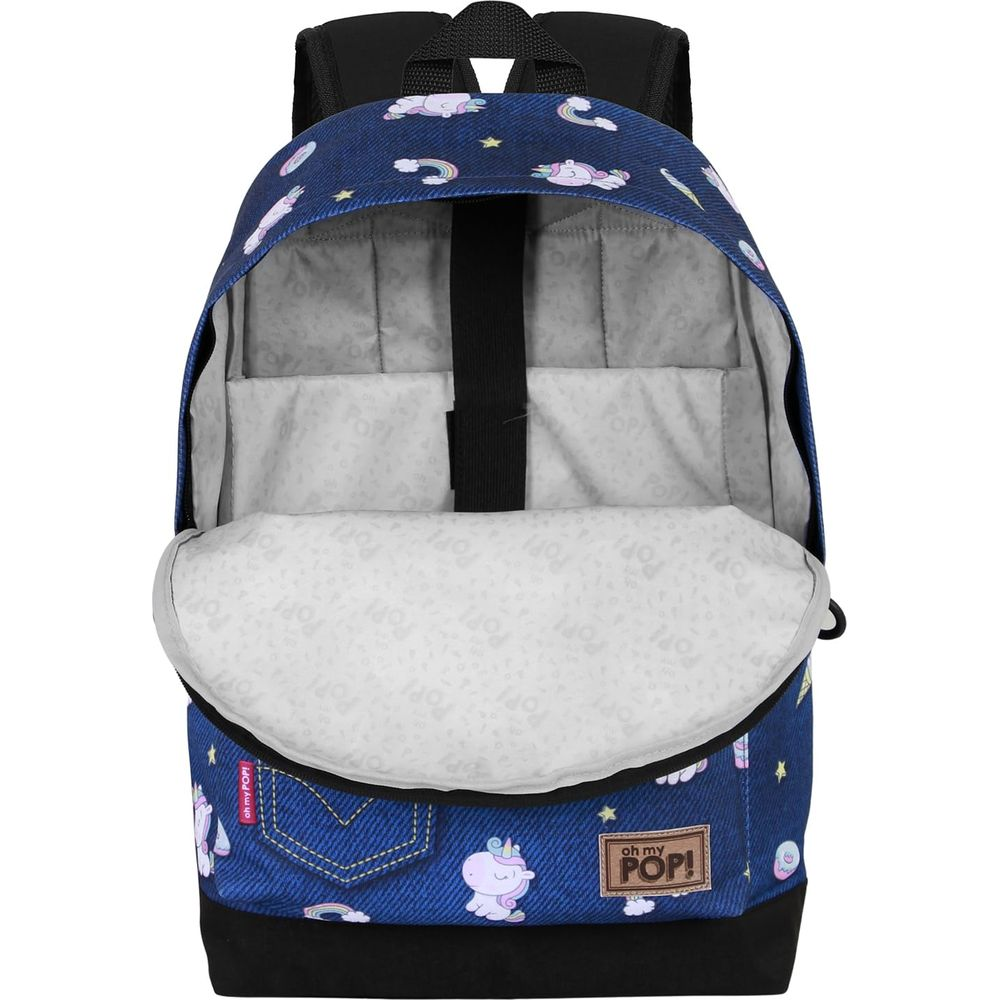 Offener Jeansrucksack mit Einhorn- und Regenbogenmuster.