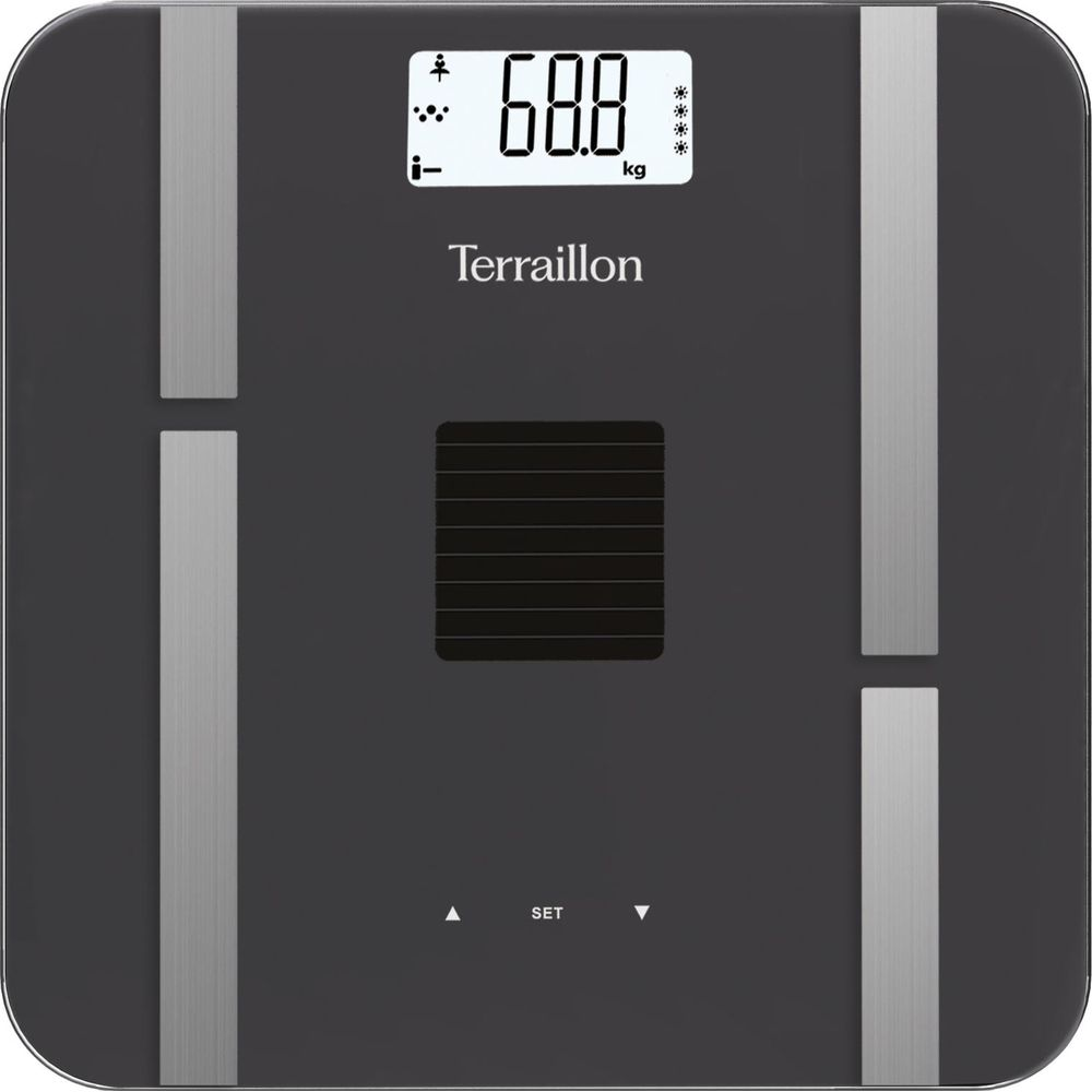 Eine dunkle digitale Waage zeigt 68,8 kg an. Sie hat silberne Akzente und ein schwarzes Display.