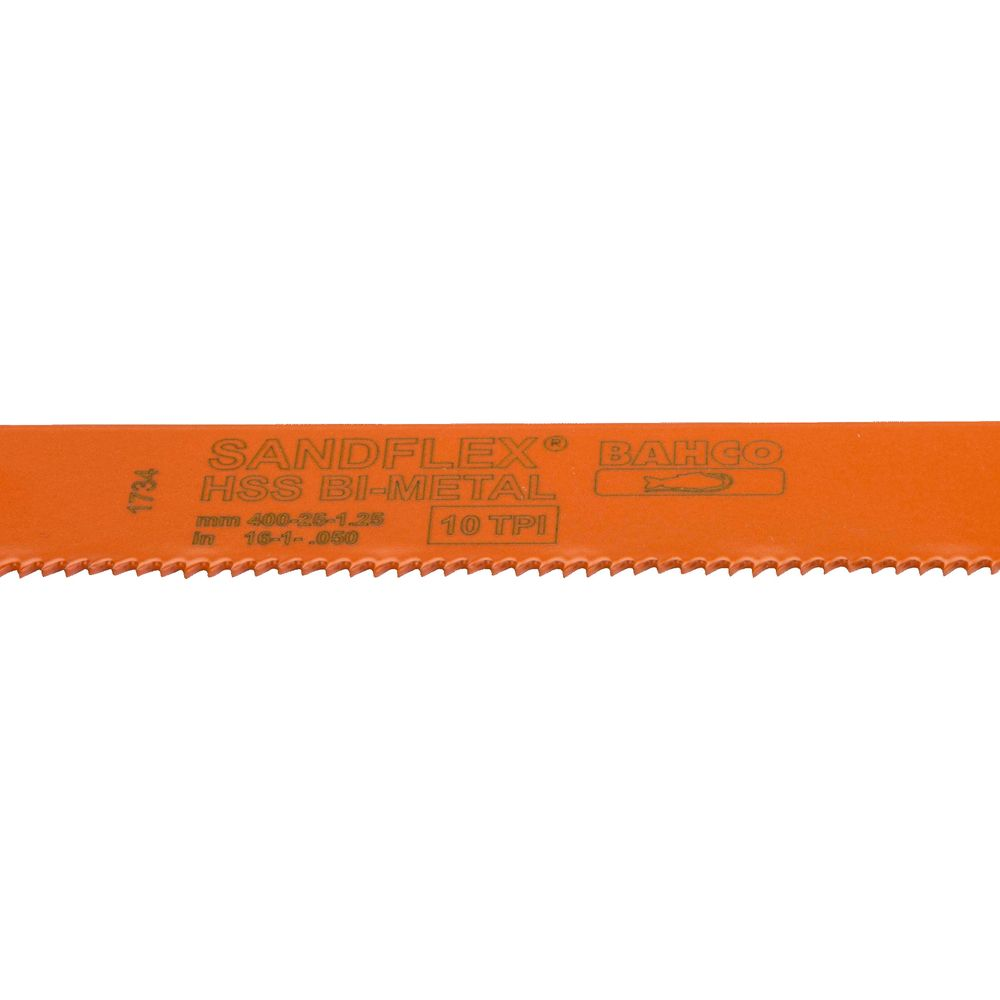 Orange Sägeblatt mit Text: SANDFLEX, HSS BI-METAL, 10 TPI.