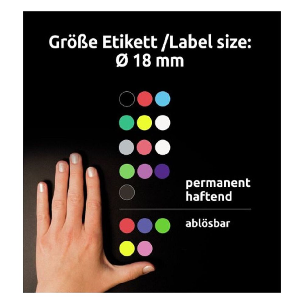 Hand und runde Etiketten in verschiedenen Farben, Ø 18 mm.