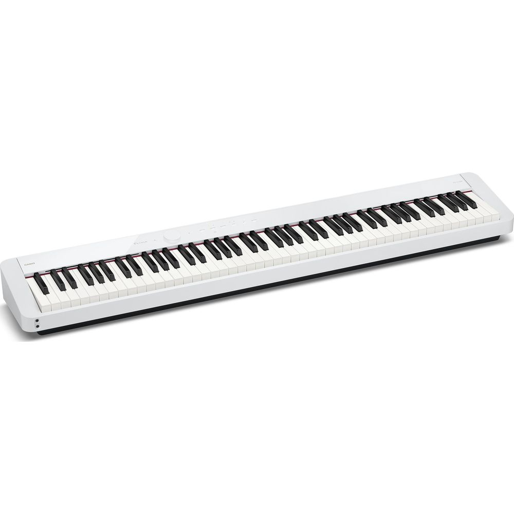 Ein schlankes, weißes Digitalpiano mit schwarzen und weißen Tasten.